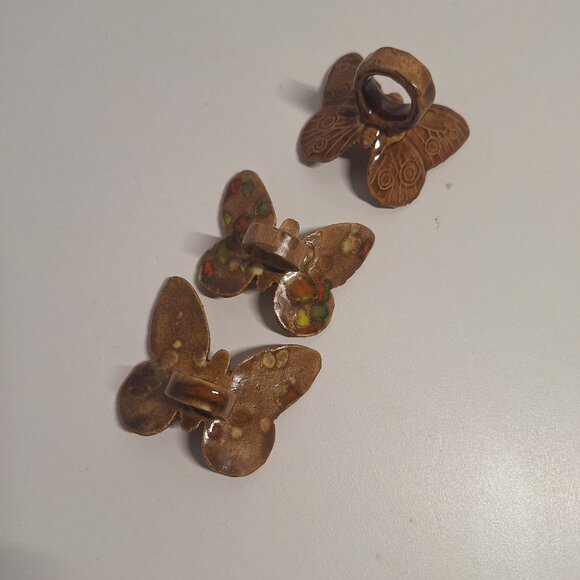 3 Vintage Brown Butterfly Ceramic Macrame Beads 70s w Orange Green Yellow Lot - Picture 5 of 8
